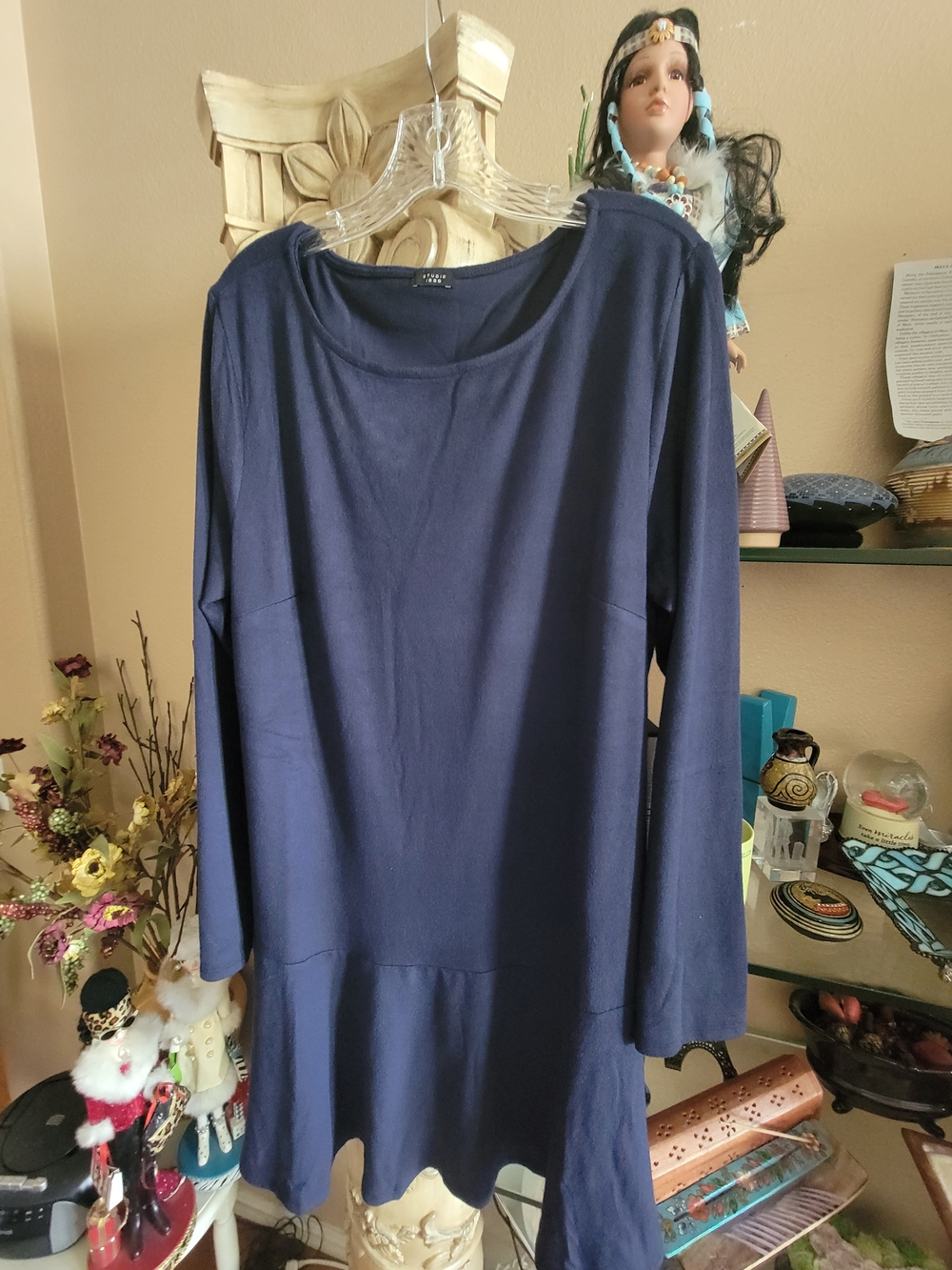 Women's Navy Long-Sleeve Drop-Waist Dress